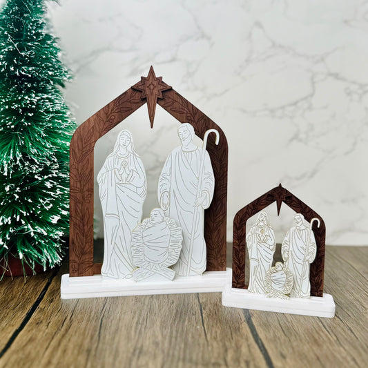 Two acrylic and wood nativity sets in standard and mini size