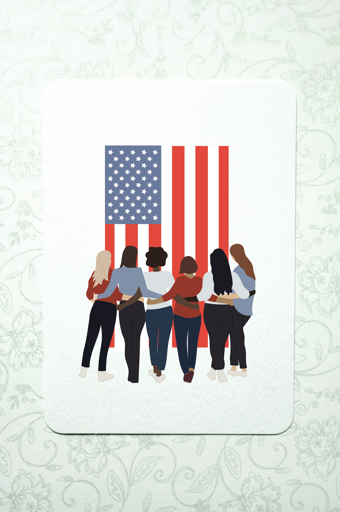 Six women, military spouses, of various races stand with arms around each other, gazing at the American flag 
