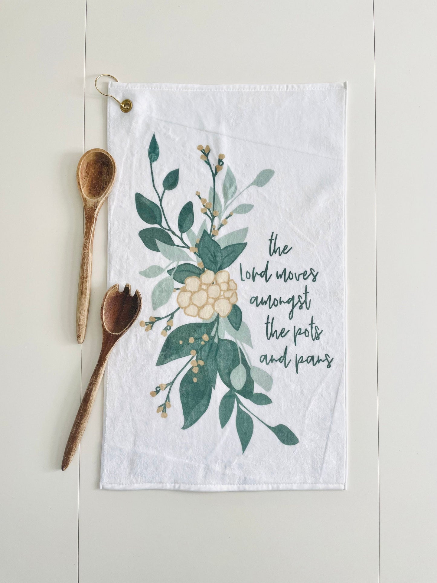 the lord moves amongst the pots and pans tea towel